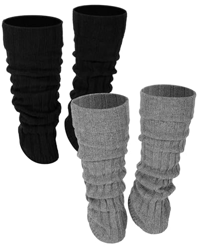 Shihanee 2 Pairs Wool Leg Warmers for Women Ribbed Knit Black Grey Leg Sleeves Boots Ankle Cuffs for Warm Winter Outdoor