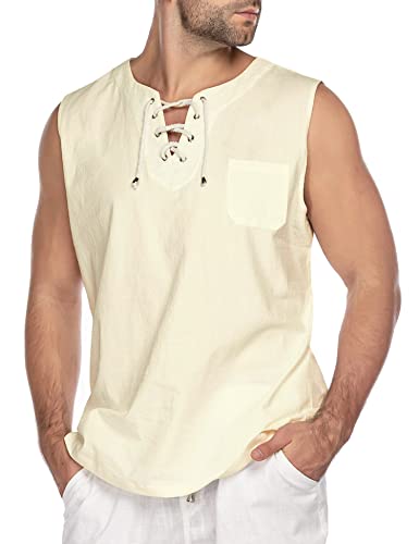 image for COOFANDY Mens Cotton Linen Tank Top Shirt Casual Lace Up Beach Hippie 