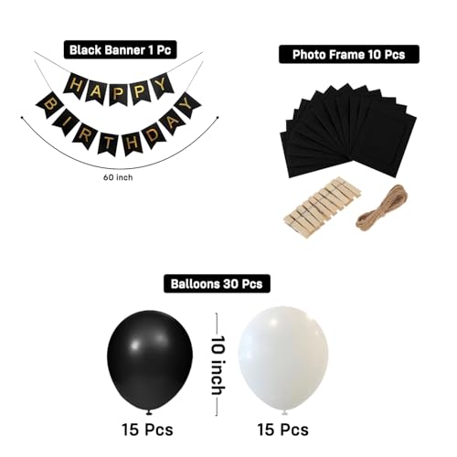 Image of Party Propz Black and White Birthday Decoration Kit - 41 Pcs, Happy Birthday Banner, Balloons, Photo Frames with Clips, Elegant Birthday Decoration Kit for Kids & Adults