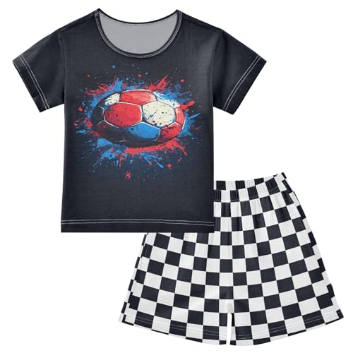 Checkerboard Plaid Soccer Ball Pajama Set Short Sleeve Summer Pajamas Sleepwear Nightwear Set Cotton 5Y