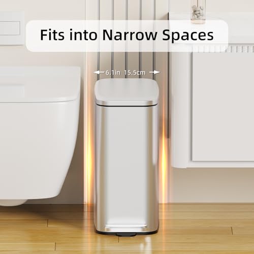 Image of KSSKSS Small Bathroom Trash Can with Lid Soft Close, Step Pedal, 6L / 1.6 Gal Stainless Steel Garbage Bin with Removable Inner Bucket, Slim Wastebasket for Narrow Spaces (Silver)