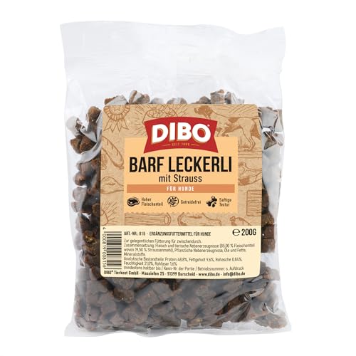 DIBO Barf Leckerli, 200g Strauß Hundesnack klein und praktisch Trainings Hundeleckerlies zuckerfrei, gesund und lecker (Strauß)