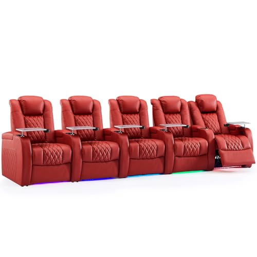 Image of Weilianda Home Theater Seating, Top Grain Leather Movie Theater Chair | Red Row of 5, Zero Gravity, Power Headrest, Tray Table, Electric Reclining Seat for Media Room