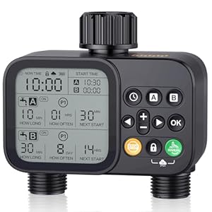 Sprinkler Timer for Outdoor Garden Hose, 2 Outlet 8 Programmable Water Timer with Rain Delay & Manual/Automatic Modes, Weatherproof Irrigation System for Yard Lawn, Large LCD Display