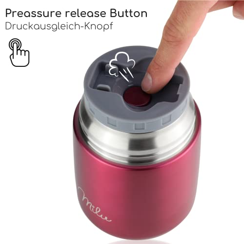 Image of Milu Thermal Container for Food 450 ml, Stainless Steel Warming Container with Spoon, Thermal Mug Food, Thermal Lunch Box for Children, Adults, Thermobox Soups, Baby Porridge, Food Container Berry