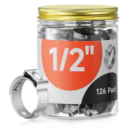 WYSIWYKA 126pcs 1/2 inch PEX Cinch Clamps Rings 304 Stainless Steel Pex Crimp Rings Heavy Duty Thickened Single Ear Hose Clamps for PEX Tubing Pipe Fitting Connections