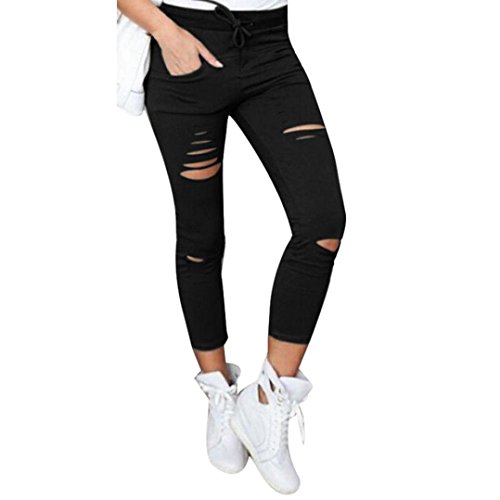 HARRYSTORE Mujer pantalones elásticos y apretados de agujero Mujer polainas de lápiz de alta cintura (L, Negro)