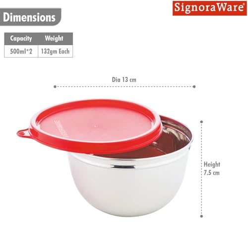 Image of Signoraware Stainless Steel Mixing Bowl Set| Dishwasher Safe| Compact Size| Odor-Free| Great for Serving Dishes| Ideal for Office & School use| Great for Gifting (500ml x 2| Set of 2| Red)