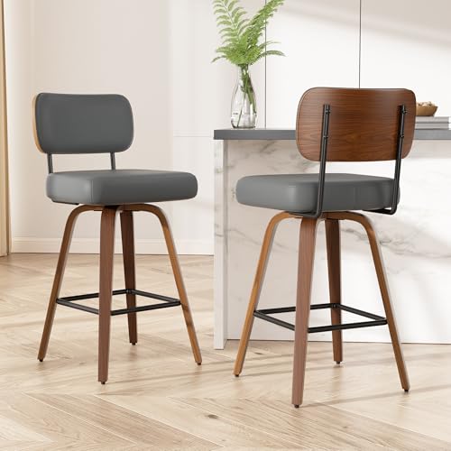 Image of Swivel Bar Stools Set of 2, 26 inch Upholstered Faux Leather Counter Height Barstools with Walnut Back & Bentwood Legs, Mid Century Modern Bar Chairs Island Stools for Kitchen Counter, Dark Grey