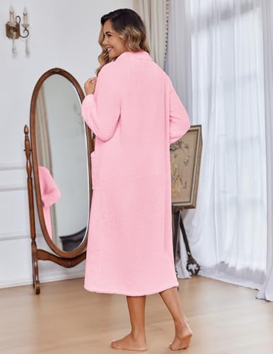 Image of Ekouaer Women Zipper Robe Fleece Long Sleeves Bathrobe Sleepwear Warm Soft Housecoat with Pockets Zip Up House Dresses