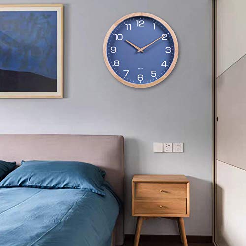Kesin 12 Inches Wood Blue Wall Clock Silent Round Modern Wall Clocks Battery Operated With Large Numbers & Hd Glass Decorative Home Kitchen Living Room Bedroom Kid's Room Office #TOP3