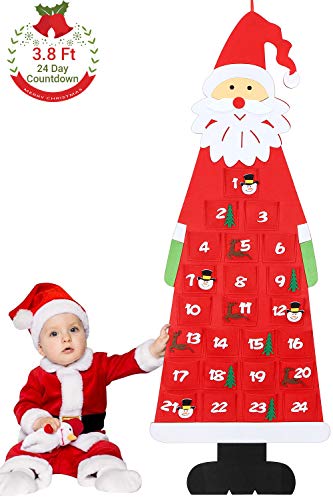 Calendario de Adviento de Fieltro navideño, Calendario de Adviento de Santa para Colgar en la Pared de 3.8 pies con Bolsillos de 24 días, Decoraciones para la Puerta de la Oficina en casa- Rojo