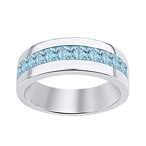 RUDRAFASHION 14K White Gold Plated Brilliant Princess Cut Aquamarine Mens Wedding Band Ring