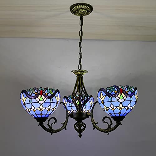 Lámpara Colgante De Estilo Tiffany, Lámpara de Techo De Vitrales, 3 Luces, Plafón Techo LED Ajustable Vintage Antigua Para Sala De Estar, Dormitorio, Comedor,Blue baroque