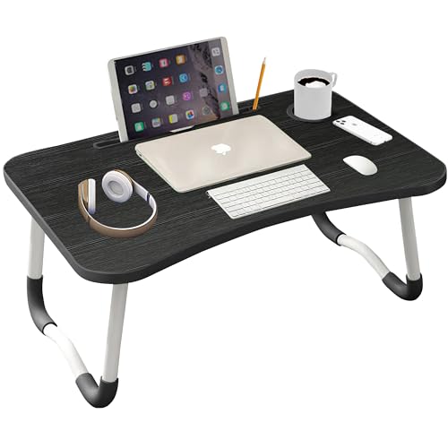 Laptop Bed Table Lap Standing Desk, Sofa Breakfast Bed Tray Folding Laptop Lap Desk Cup Holder Notebook Stand Steel Legs For Reading Writing Working, Black, 60x40x28cm, M (PPW125)