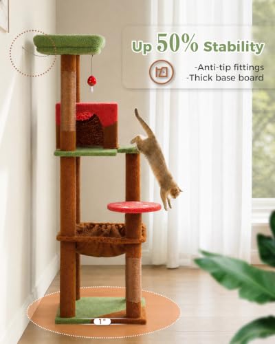 Image of MUTTROS 45.7 inch Mushroom Cat Tree with Metal Hammock, 6 Tiers, Brown | 6-tier shelves, Metal plush hammock, 2-door condo house, Sisal posts, Large top perch, For Small cats