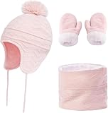 Gorro de Invierno para Niño con Pompón, Set 3 en 1 de Gorro Bufanda y Guantes, Conjunto de Invierno de Punto Acolchado y...