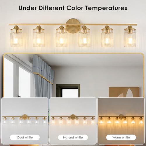 Image of Jonsi Gold Bathroom Light Fixtures 6-Light Vanity Lights Modern Wall Sconce with Clear Glass Shade Brushed Brass Bathroom Light Fixture Over Mirror for Bedroom Hallway Kitchen