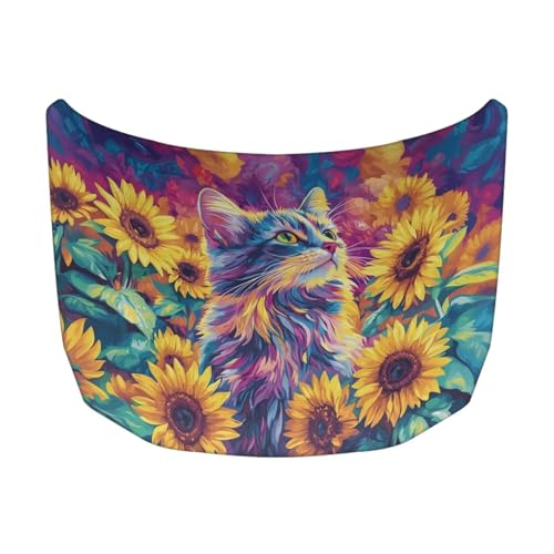 Image of Car Hood Cover Protector Soft Stretch Polyester Fabric Cover Cat and Sunflower Vehicles Decorate Engine Fabric Hood Cover All-Season Protection Suitable for Cars