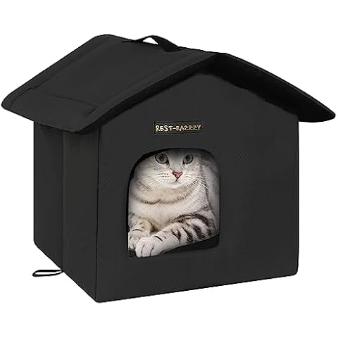 Rest-Eazzzy Cat House for Outdoor Cats, Weatherproof and Insulated Feral Cat House with Mat and Canopy, Easy to Put Together, Selfwarming Cat Shelter for Winter(13 * 13 * 14" Black with Support) Cover