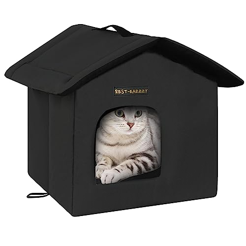 Rest-Eazzzy Cat House for Outdoor Cats, Weatherproof and Insulated Feral Cat House with Mat and Canopy, Easy to Put Together, Selfwarming Cat Shelter for Winter(13 * 13 * 14" Black with Supp