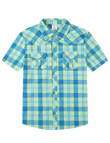 Image of COSLAND Boy's Toddler Cotton Western Short Sleeve Button Down Plaid Shirt, 4-14 Years