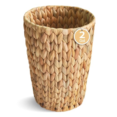 Coeusy Petite poubelle de salle de bain en osier tissé à la main en jacinthe d'eau naturelle pour chambre à coucher, bureau à domicile, ronde, 7,8 l