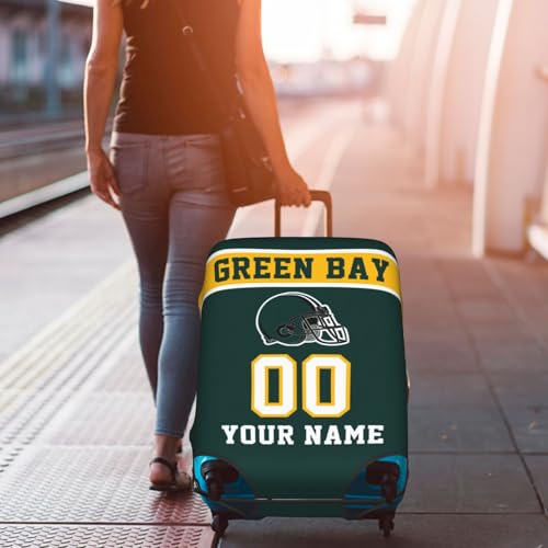 Image of Custom Green Bay Luggage Cover Personalized Football Style Suitcase Cover with Name Number Customized Washable Elastic Sports Travel Suitcase Protector for Business Vacation Gifts