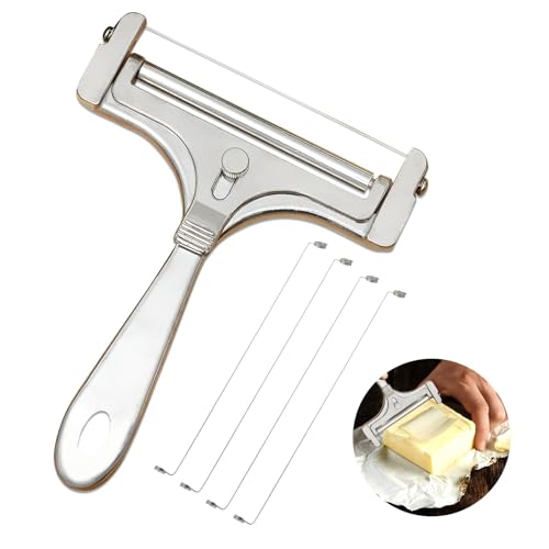 Coupe-fromage à fil avec rouleau - Grosor ajustable para quesos blandos a semiduros - Construcción de aluminio/acero inoxidable con 4 alambres de repuesto