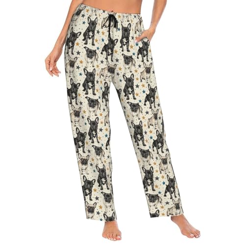 FeHuew Vintage French Bulldogs Stars Womens Pajama Pants - Casual Women's Sleepwear Lounge PJ Bottoms with Drawstring and Pockets, Medium