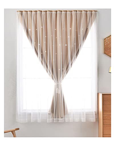 DAIHAN 1 Pieza Cortina Nórdica Velcro Elegantes Cortinas de Ventana la impresión de Estrellas Huecas Brillantes Doble Capa con visillos de Tul para la decoración del Dormitorio Beige