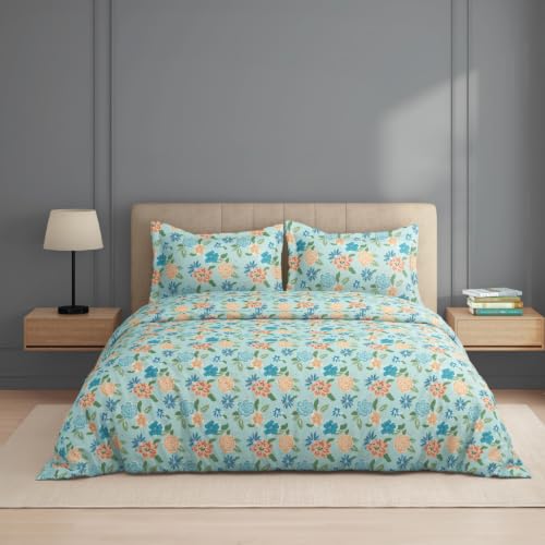 Image of Welspun Zen Microfiber Floral Double Bedsheet with 2 Pillow Covers | Percale Bed Sheet | Skin Safe, Breathable & Easy Care Bedding Set | Gift Set | Light Blue | 220 x 240 Cm
