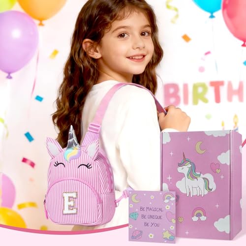Image of COSHAYSOO Pink Girls Purse Unicorn Waist Pack Crossbody Sling Bag, Cute Personalized Easter Basket Stuffers Birthday Gifts for Kids Girl 3-8 Daughter Granddaughter Niece Initial Monogrammed Letter E