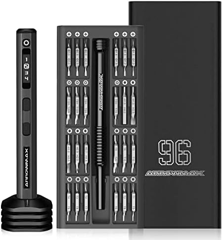 AM ARROWMAX Electric Screwdriver, 102 in 1 Precision Screwdriver w/ 96 Magnetic Bits, 4 Torque Modes, Red Dot, IF Winning Design, Rechargeable Mini Cordless Screwdriver for Phone, Laptop, Black
