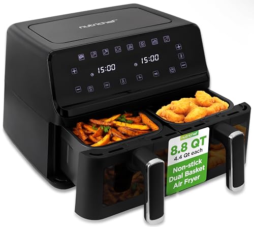 NutriChef Freidora de Aire de Doble Cesta 8.8 QT | Cocina Digital Sin Aceite de Tamaño Familiar con Ventana Transparente | 9 Opciones de Cocción Preestablecidas