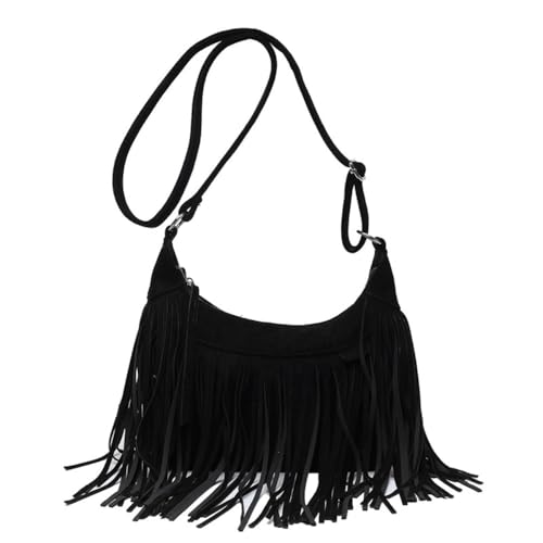 CHENXIAOHONG Bolsa feminina com franjas estilo boho, bolsa transversal e de ombro, pequena e leve, ideal para festas e uso casual(Preto)
