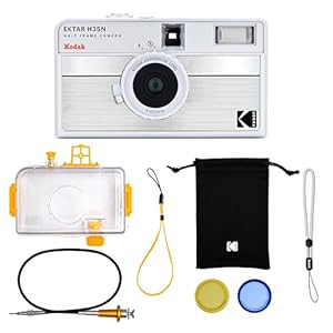 KODAK EKTAR H35N Half Frame Film Camera, 35mm, Reusable, Focus-Free, Bulb Function, Built-in Star Filter, Coated Improved Lens (Film & AAA Battery are not Included) (Striped Silver, Premium Kit)
