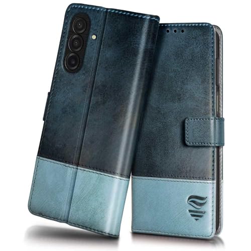 Image of FLIPPED Vegan Leather Flip Case Back Cover for Samsung Galaxy M17 5G | A17 5G | F17 5G (Flexible, Shock Proof | Hand Stitched Leather Finish | Card Pockets Wallet & Stand | Blue with Aquamarine)