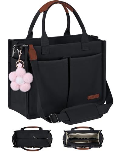 FIORETTO Women's Canvas Tote Bag with Zipper Top, Individual Compartments, Reinforced Bottom, Trolley Sleeve & Adjustable Strap, Doubles as a Crossbody Purse for Work, Travel & Bible, Black L