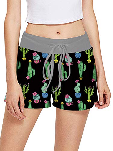 RAISEVERN Womens Pajama Shorts Bottoms Sleep Shorts Black Cactus Print Lounge Shorts Boxer Shorts Pj Shorts S