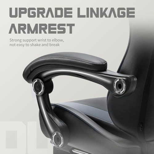 Image of DUMOS Ergonomic Gaming Office Desk Chair with Footrest and Headrest for Adults, PU Leather Video Computer Chair with Linkage Armrests, Height Adjustable 360 Swivel Recling, Black Grey