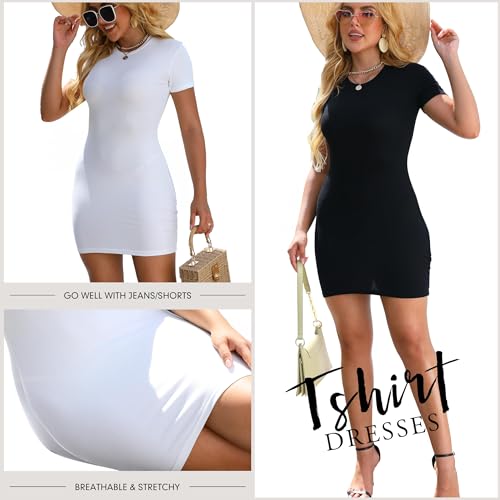 Image of Chongbaijia Summer Dresses for Women 2026 Ribbed Crewneck Short Sleeve Bodycon Dress Basic Sexy Mini T Shirt Dress