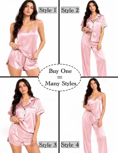 Image of SWOMOG Womens Silk Satin Pajamas Sets 4pcs Sleepwear Sexy Cami Shorts Set and Button Down Short Sleeve Pjs Loungewear Sakura Pink X-Small