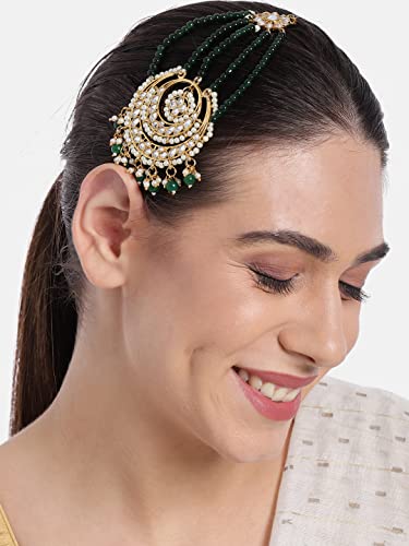 Image of Peora Gold-Plated Kundan Pearl Studded & Beaded Passa /Matha Patti Jewellery for Women & Girls