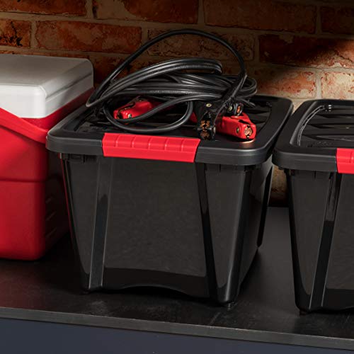 Image of IRIS USA 19 QT Plastic Storage Box with Lid and Latches - 6 Pack - BPA-Free, Garage Organizing Solution, Durable Nestable Stackable Containers, Secure Pull Handle - Black