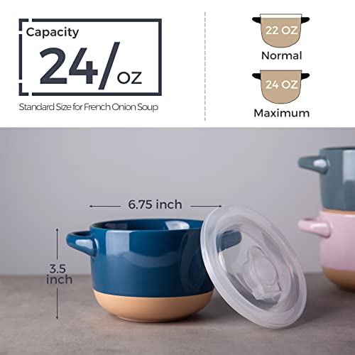 Amorarc 24 Ounces Soup Bowls With Large Handles And Lids, Stoneware Bowls Set Of 2 For Soup,Cereal,Stew,Noodle, Colourful Ceramic Kitchen Bowls, Microwave&Dishwasher Safe, Blue&Red #TOP1
