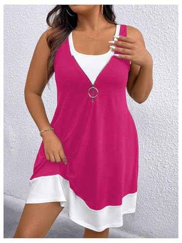 Image of Verdusa Women's Plus Size Summer Dress Color Block Quarter Zip Tank Dress Sleeveless Short Dresses
