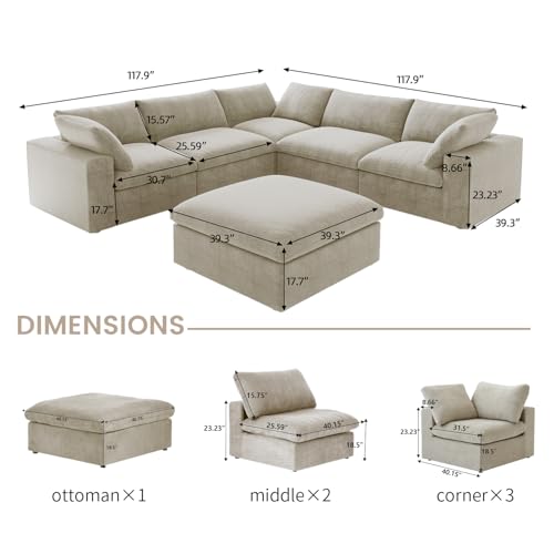 160.6" Cloud Couch Modular Sectional Sofa for Livingroom,Oversized Convertible Sofa with Storage Ottomans,6 Seat Wide Couches,Cushion Covers Removable (Khaki, 6 Seater)