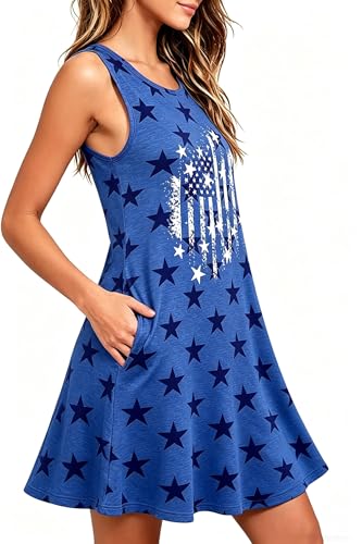 Image of Roshop Womens Juneteenth Flag Sleeveless Dress 4th of July Patriotic Swing Sundress with Pockets