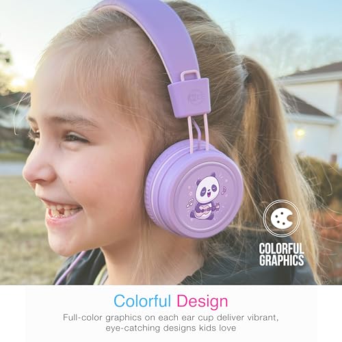 Image of MEE audio KidJamz KJ55 Wired Children's Headphones with 3.5mm Plug, Colorful Graphics, Volume Limiter & Microphone, Adjustable On-Ear Kids Headset for Online Learning /School /Travel /Tablet (Lavender)